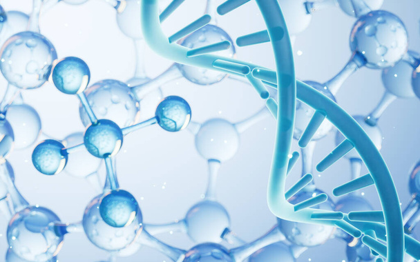 DNA i struktura molekularna, koncepcja biotechnologii, renderowanie 3D. Cyfrowy rysunek komputera. - Zdjęcie, obraz
