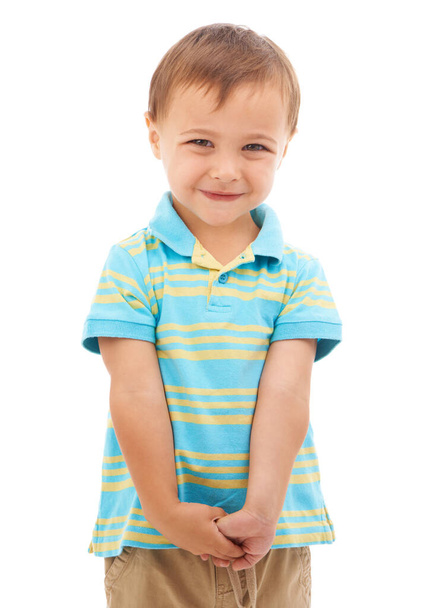 I cant get any cuter...Studio portrait of a smiling young boy isolated on white - Fotografie, Obrázek