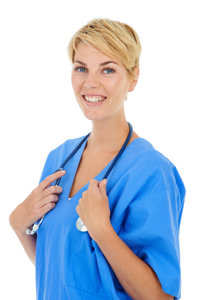 彼女は外科医であることが好きだ。若いです笑顔の女性医師とともに彼女の首の周りに聴診器 - 写真・画像