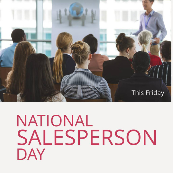 Image of national salesperson day and group of diverse people during trading conference. Business, trade, commerce and celebration concept. - Фото, зображення