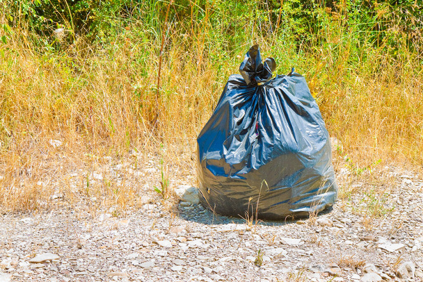 Illegale dumping - plastic vuilniszak achtergelaten in de natuur. - Foto, afbeelding