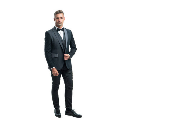 businessman in tuxedo suit with neck bow isolated on white background. full length. - Foto, Imagem