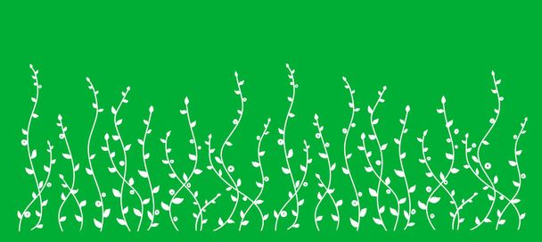 Hand drawn simple white outline vector illustration. Silhouette Wild meadow herbs, inflorescence. Lawn, herbal plants on a green background.Vector illustration. - Vector, Image