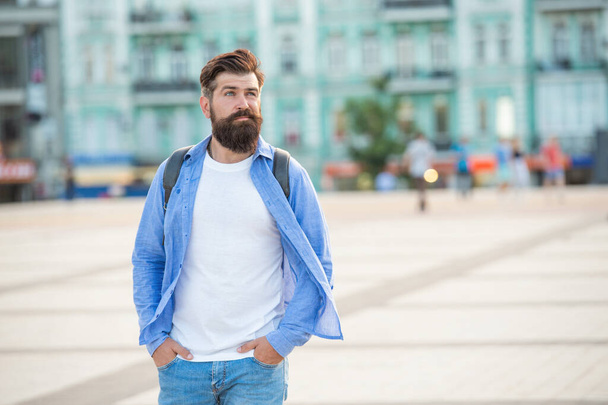 bearded man outside. portrait of man with beard. brutal casual man outdoor. copy space. - Foto, afbeelding
