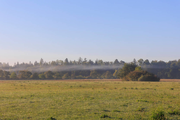 Clouds of fog on a sunny morning over the meadows in Siebenbrunn near Augsburg - Photo, Image