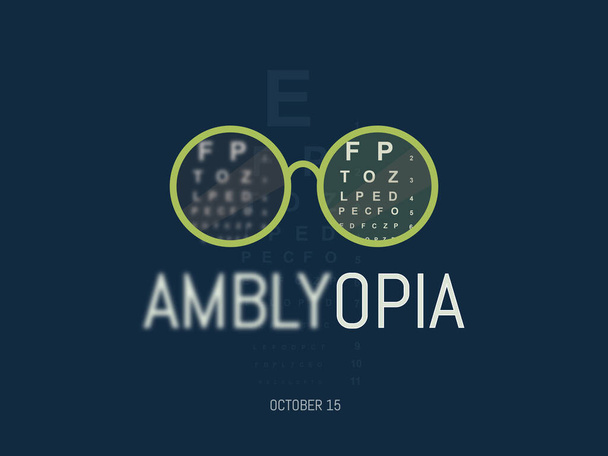 Dia Mundial da Amblyopia 15 de outubro. óculos de cor verde no fundo azul. Texto desfocado devido à doença - Vetor, Imagem