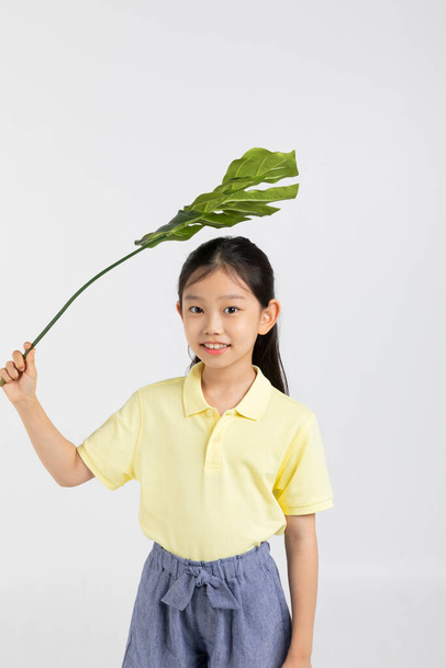 Korean young girl wearing gym clothes in white background studio, holding tropical leaf - Foto, Imagen