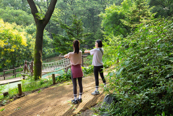 two Korean Asian female friends in 20s hiking and plogging in mountain - warm up - 写真・画像