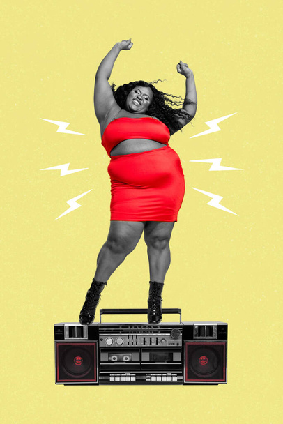 Creative trend collage of winsome energetic thick woman body positive tolerance dancing have fun retro vintage boombox discotheque queen. - Φωτογραφία, εικόνα