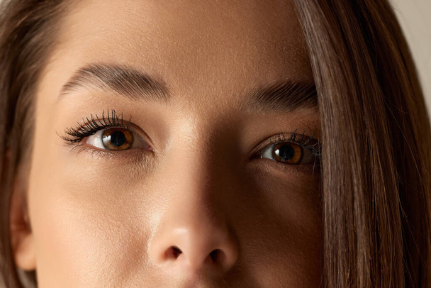 Close-up image of female face with brown eyes and smooth skin. Eyebrows and lashes lamination. Concept of beauty, body and skin care, health, plastic surgery, cosmetics, beauty treatment - Foto, immagini
