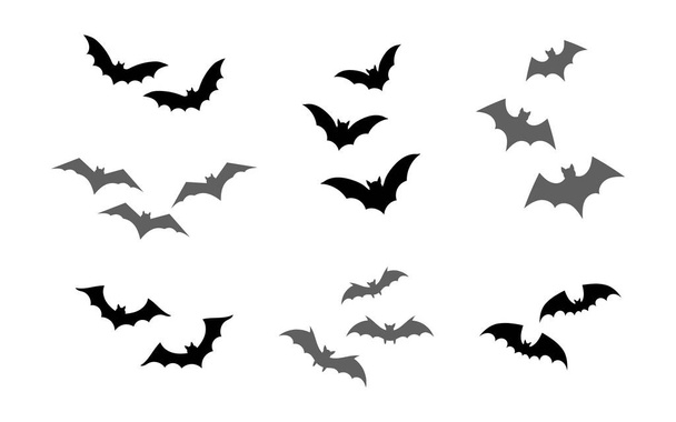 Set flying bats silhouette, isolated on white background. Vector illustration, traditional Halloween decorative elements. Halloween silhouette cute bats - for scary design and decor. - Wektor, obraz