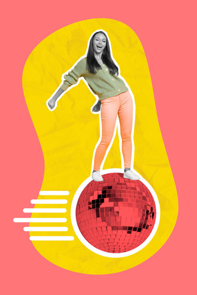 Creative poster collage of active funny woman dancing flying fast disco glossy bright ball enjoy party have fun isolated drawing background. - Valokuva, kuva