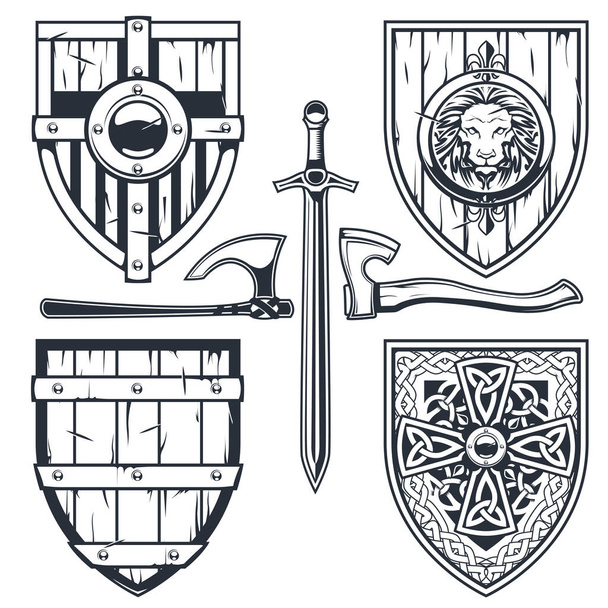 Set of medieval shields with celtic pattern and ornaments, knight armor, chivalry shields, vector - Vetor, Imagem