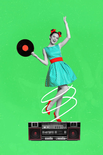 Composite collage image of oldfashioned young woman retro style dress outfit hold vinyl record tape boombox enjoy vintage music have fun. - Fotografie, Obrázek