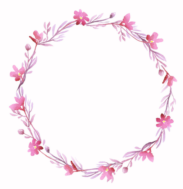 ピンクの花の花輪。水彩画帖 - 写真・画像
