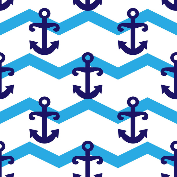 Nautical nursery seamless pattern with anchor, striped doodle background. Simple vector marine wallpaper template. Sea fabric print isolated on white. - Vettoriali, immagini