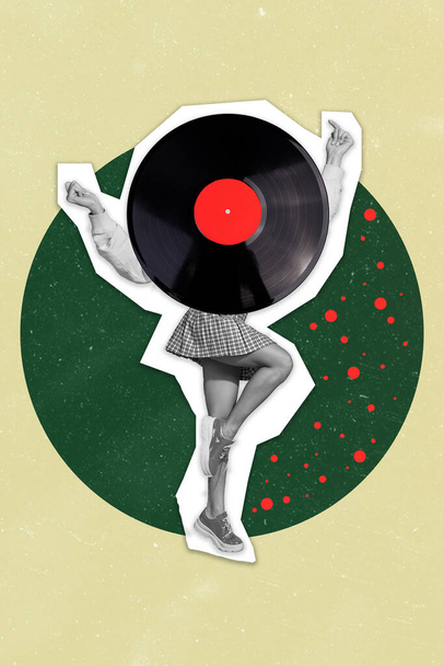 Vertical collage image of overjoyed girl black white colors huge vinyl record instead head dancing isolated on drawing background. - Фото, зображення