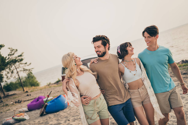 Photo of relaxed people spend summer weekend sandy forest walk wear boho outfit nature seaside beach outdoors. - Foto, Imagem
