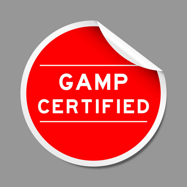 Rode kleur schil sticker label met woord GAMP (afkorting van Good Automated Manufacturing Practice) gecertificeerd op grijze achtergrond - Vector, afbeelding