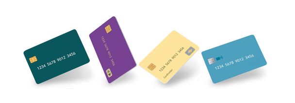 Quattro carte di credito generiche finte sono viste fluttuare su uno sfondo bianco. Area di testo disponibile su schede e sfondo. - Foto, immagini