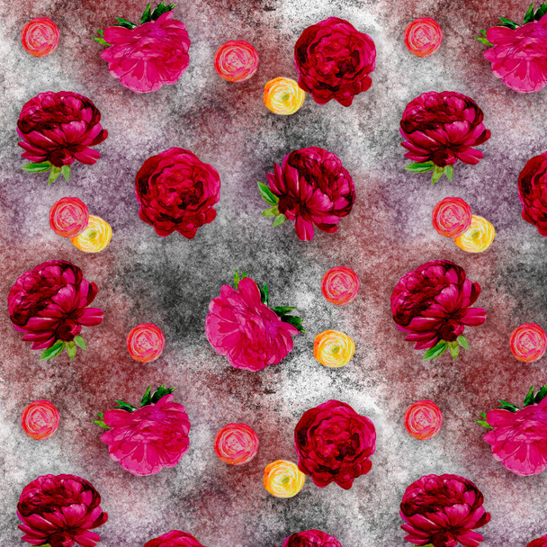 Акварельні півонії з візерунком листя, білий фон, намальовані вручну квіти фуксії та зелене листя, безшовний розквіт візерунка
 - Фото, зображення