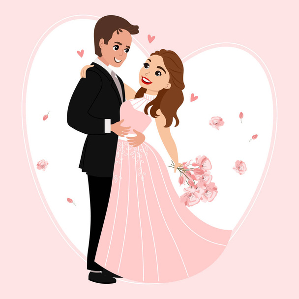 Novia y novio con un ramo de flores, recién casados felices. Concepto familiar. Ilustración, cartel de la boda, vector - Vector, imagen