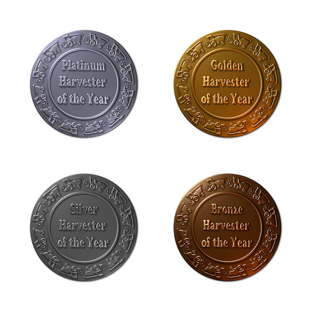 A set of 4 - 3D rendered illustrations for the harvester of the year in platinum, gold, silver and bronze, in a metallic textured finish, isolated on a white background. - Photo, Image
