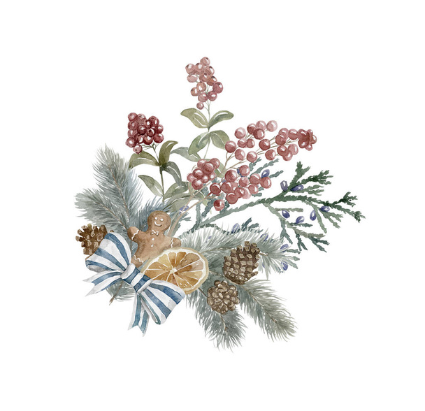Watercolor Winter Bouquet with Spruce and Berries. Floral Christmas illustration. - Foto, afbeelding