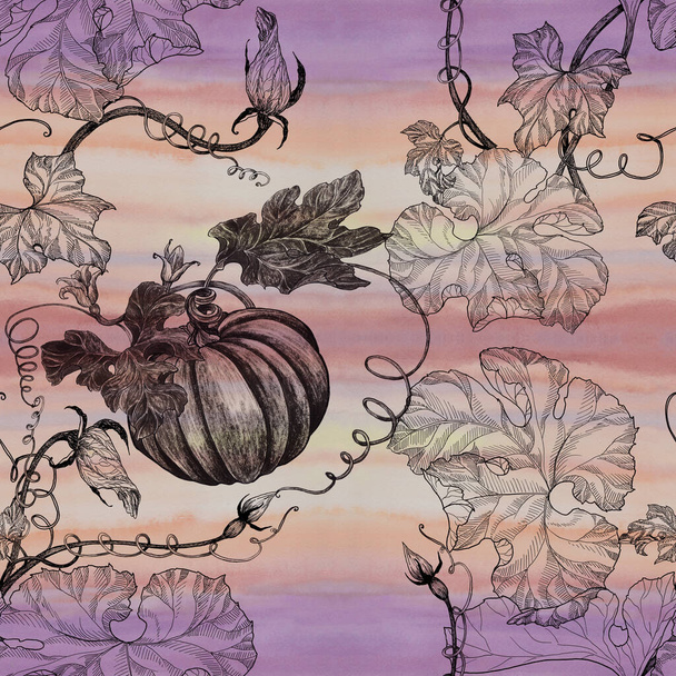Pompoenen - afbeeldingen op een aquarelachtergrond. Halloweenachtergrond. Naadloze patronen. Bladeren en bloemen. Behang. Gebruik bedrukte producten, bordjes, posters, postkaarten, verpakkingen. - Foto, afbeelding