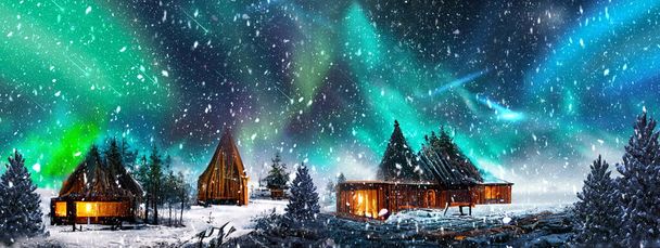  Navidad Aurora Borealis estrellado cielo nocturno caída de nieve cabaña de madera en el bosque nevado invierno naturaleza paisaje - Foto, imagen