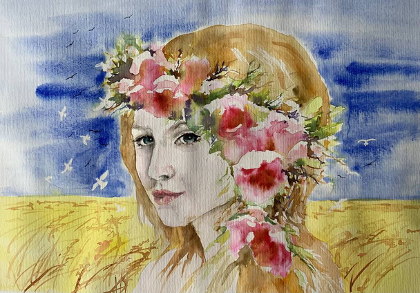 Akwarelowy portret pięknej ukraińskiej dziewczyny na tle pola i nieba symbolizującego ukraińską flagę - Zdjęcie, obraz