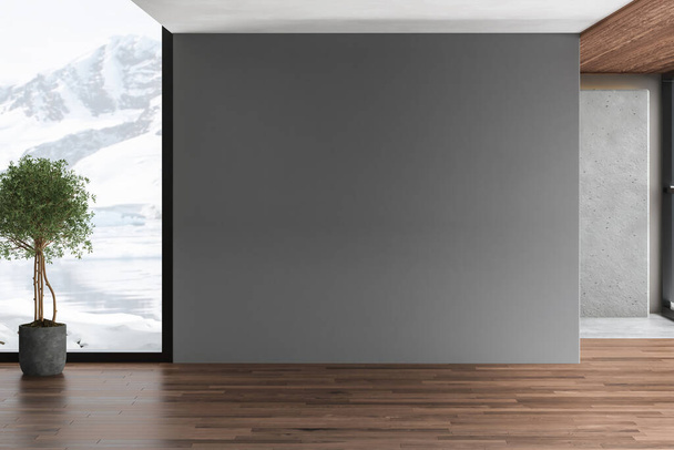 Modern stílusú üres szoba téli kilátással. Van fa padló, szürke fal, a szobának nagy ablakai vannak. Nézi a kilátást a hegyre és a hóra. 3d Kiolvasztás - Fotó, kép
