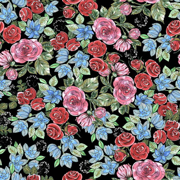 Set of watercolor garden flowers rose on black background. Seamless pattern for gift wrapping paper, wallpapers and textiles. - Photo, Image