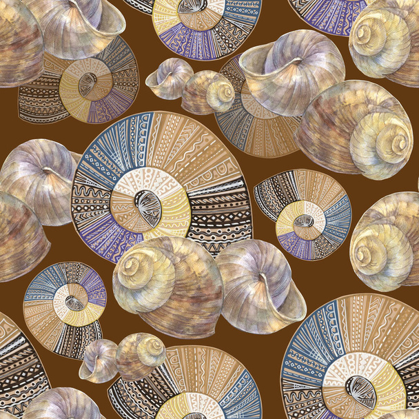Set von Aquarell-Feldmuscheln auf braunem Hintergrund. Nahtloses Muster für Geschenkpapier, Tapeten und Textilien. - Foto, Bild