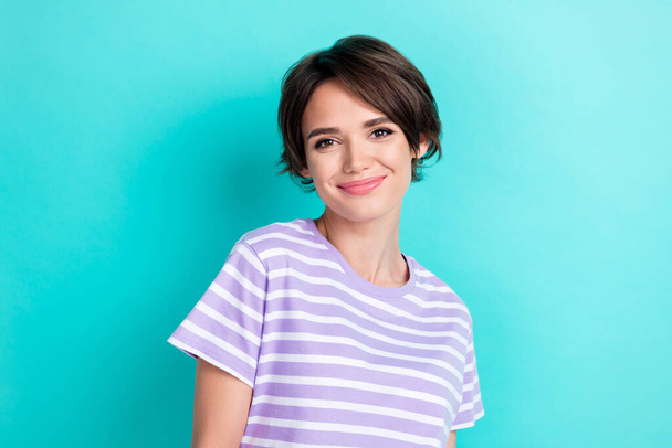Photo of nice cute gorgeous positive girl with bob hairdo dressed striped t-shirt smiling at camera isolated on turquoise color background. - Fotó, kép