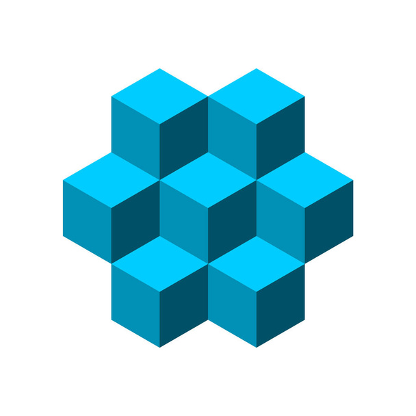 Seven 3D cubes make a honeycomb pattern. Blue geometric block shape. Hexagon object stacked on white background. Blockchain technology concept. Squares connected. Vector illustration, clip art.  - Vetor, Imagem