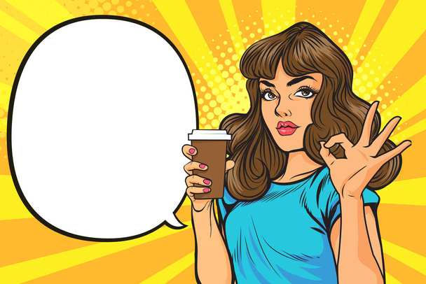 Сюрприз Красивая женщина жест хорошо показать напиток с местом для текста Ретро леди со стаканом кофе или напитком в стиле ретро винтаж поп-арт комикс - Вектор,изображение