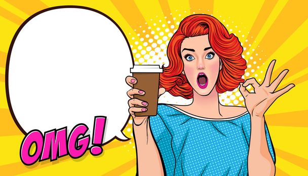 verrast Mooie vrouw gebaar okay show drankje met ruimte voor uw tekst Retro dame met glas koffie of drank In Retro Vintage Pop Art Comic Style - Vector, afbeelding