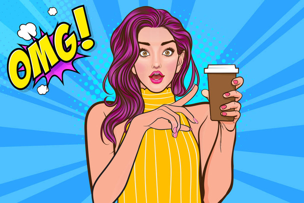 yllättynyt Kaunis nainen näyttää juoda tilaa tekstin Retro nainen lasi kahvia tai juomaa Retro Vintage Pop Art Comic Style - Vektori, kuva
