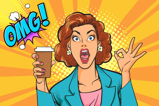 Сюрприз Красивая женщина жест хорошо показать напиток с местом для текста Ретро леди со стаканом кофе или напитком в стиле ретро винтаж поп-арт комикс - Вектор,изображение