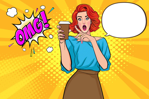 surprised Beautiful woman show drink with space for your text Retro lady with glass of coffee or beverage In Retro Vintage Pop Art Comic Style - Vector, Image