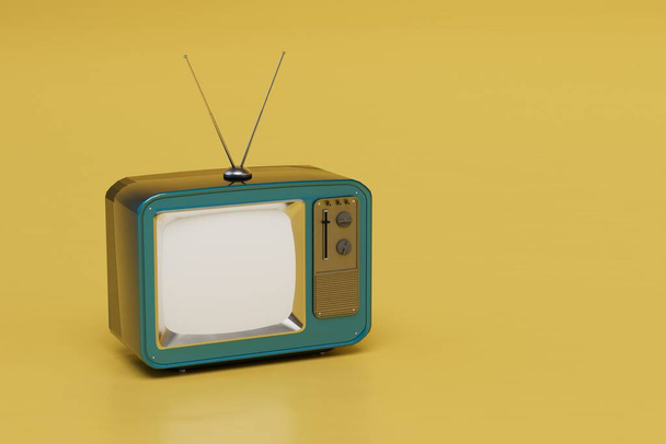 Beautiful vintage television with antenna on an yellow background. 3d render. - Photo, Image