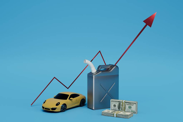 stijgende brandstofprijzen voor auto 's. auto, brandstofbus en geld op een blauwe achtergrond. 3d renderen. - Foto, afbeelding