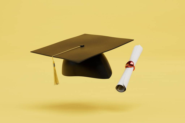 succesvolle afronding van studies. cap en master diploma op een gele achtergrond. 3d renderen. - Foto, afbeelding