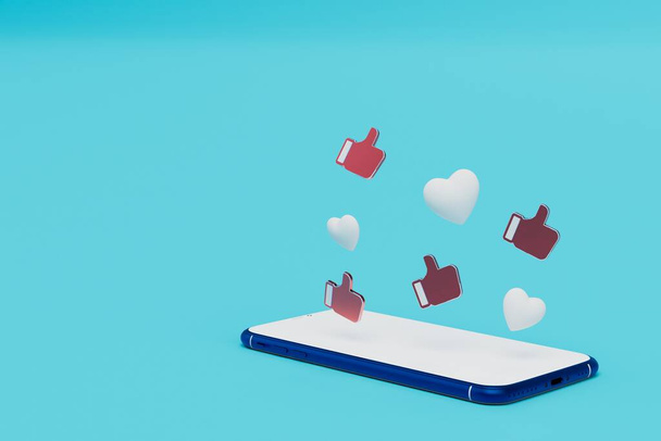 correspondence on the Internet. Likes on photos and videos. smartphone, hearts and thumbs up. 3d render. - Fotografie, Obrázek