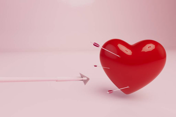 love concept. a heart pierced by several arrows on a pastel background. 3d render. - Photo, Image