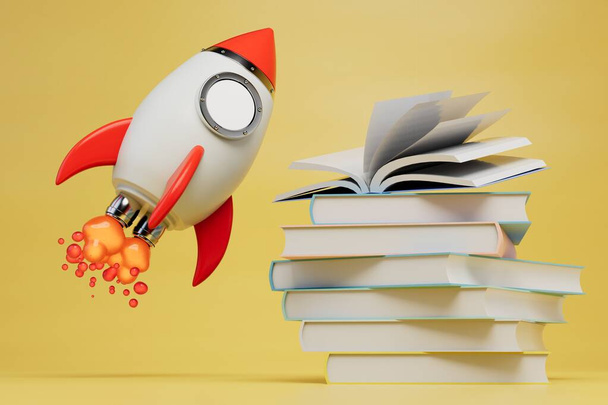 reactive learning. taking off rocket near a stack of books on a yellow background. 3d render. - Valokuva, kuva