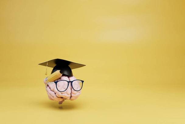 el concepto de adquirir conocimiento. cerebro en una gorra de graduación y gafas con un lápiz sobre un fondo amarillo. 3d renderizar. - Foto, Imagen