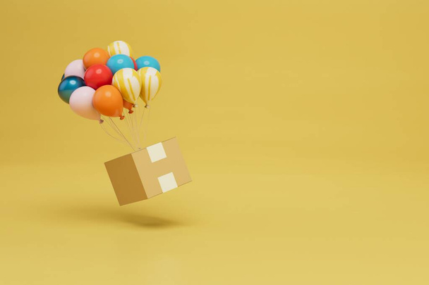 the concept of alternative parcel delivery. parcel flying on multi-colored balloons. copy paste, copy space. 3D render. - Zdjęcie, obraz