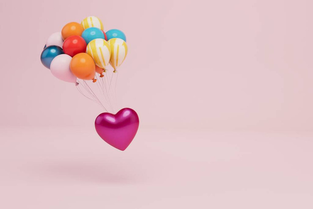 el corazón vuela lejos en globos multicolores sobre un fondo pastel. copiar pegar, copiar espacio. Renderizado 3D. - Foto, imagen